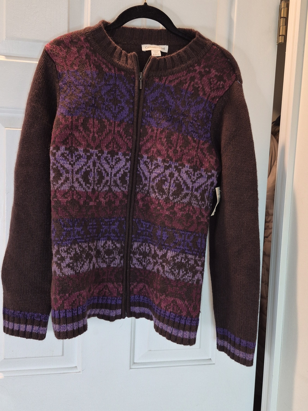 Coldwater Creek Brown Zip-Front Fair Isle Cardigan with Purple and Blue Accents